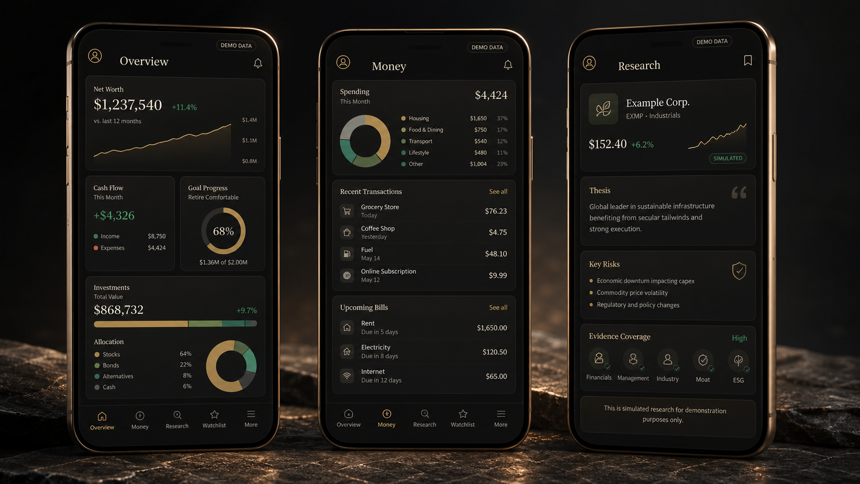Ledger mobile app visual showing overview, money and research screens with demo data