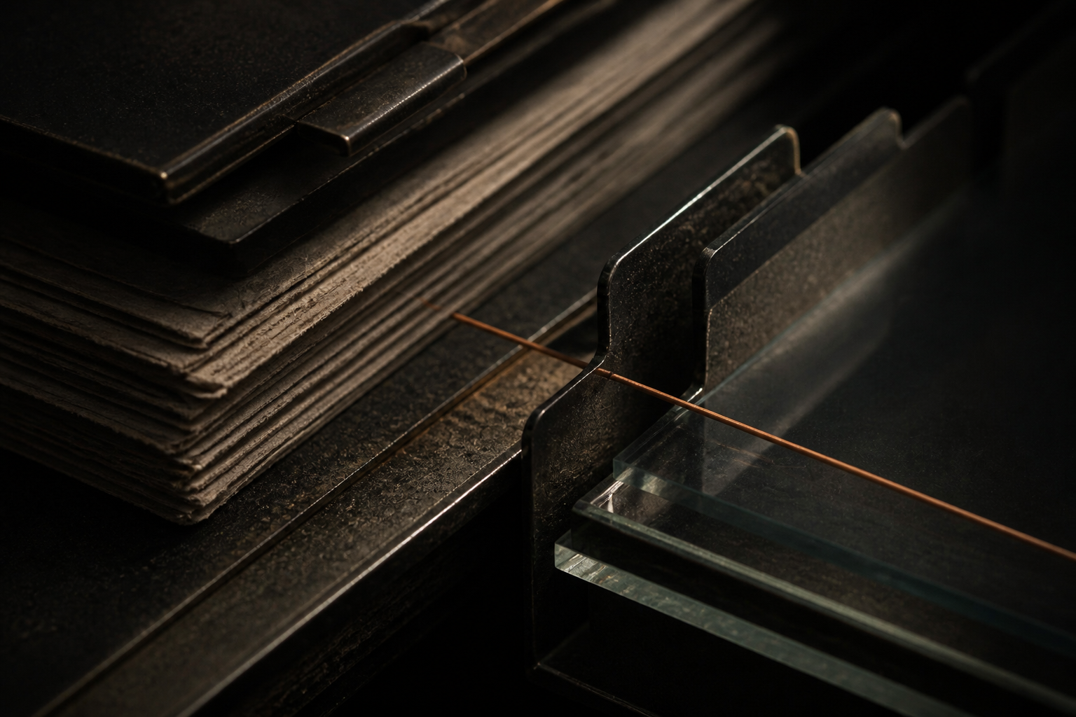 Dark stone, smoked glass, textured paper and a fine brass inlay